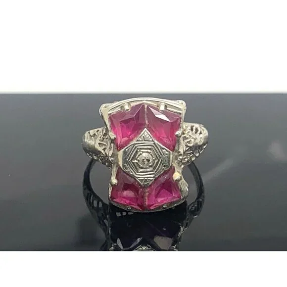 Filigree Pink Gemstone Diamond Cocktail Ring 14k White Gold Women's Size 8